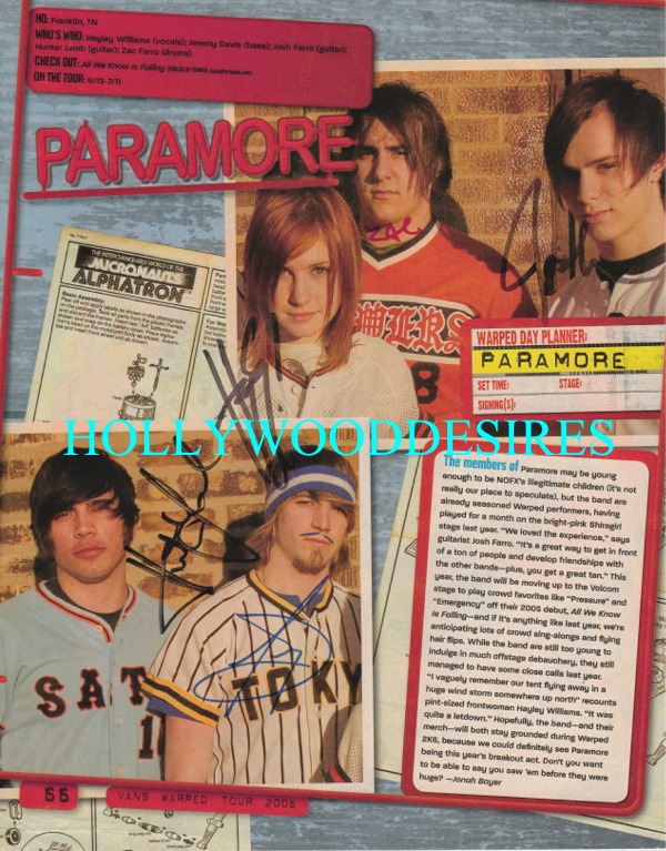 PARAMORE AUTOGRAPHED PHOTO, PARAMORE SIGNED, PARAMORE AUTOGRAPHS, PARAMORE HAYLEY WILLIAMS