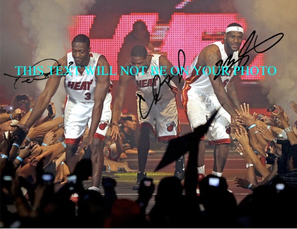 MIAMI HEAT AUTOGRAPHED LEBRON JAMES DWAYNE WADE AND CHRIS BOSH, JAMES WADE BOSH SIGNED 8x10 PHOTO