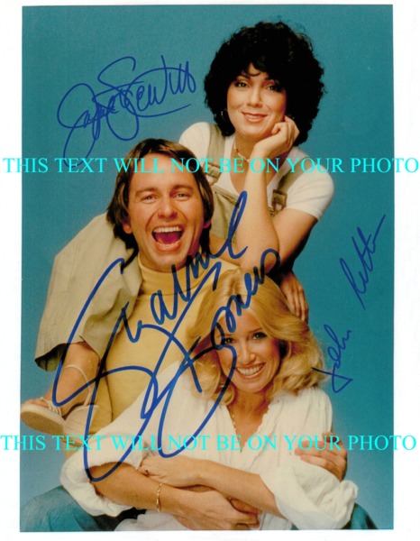 THREES COMPANY CAST AUTOGRAPHED PHOTO, THREES COMPANY CAST SIGNED PHOTO, JOHN RITTER, SOMMERS DEWITT