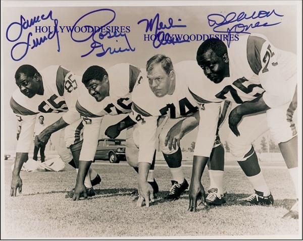 L A RAMS SIGNED AUTOGRAPHED 8x10 PHOTO MERLIN OLSEN ROSEY GRIER, LAMAR LUNDY and DEACON JONES